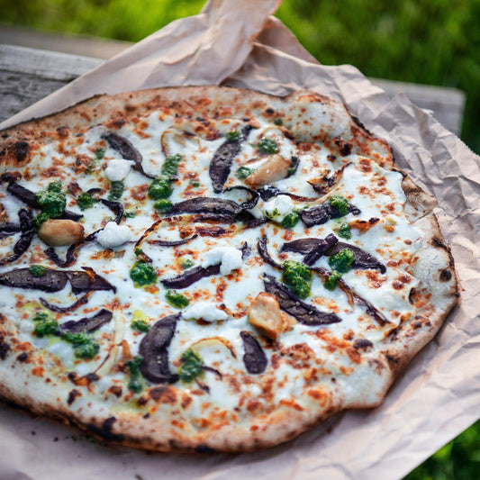 Wild Mushrooms, Caramelized Onions, Roast Garlic & Walnut Pesto Pizza